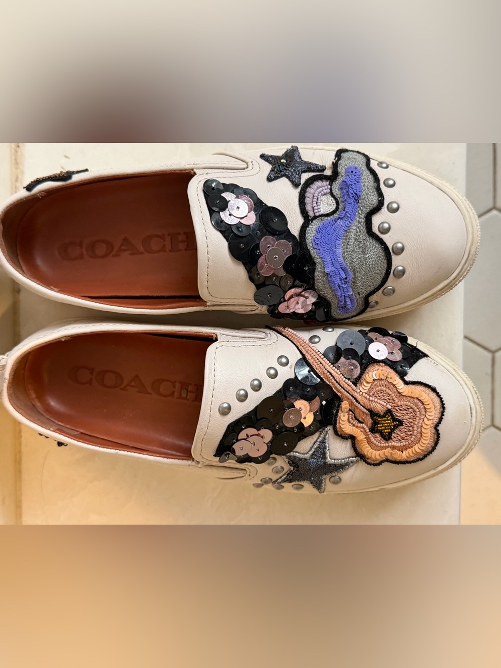Coach Embellished Stars and Clouds White Slip-On Sneakers C115 - Picture 5 of 9